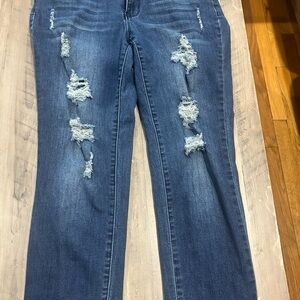 VENUS Distressed Straight Leg Jeans in Dark Blue